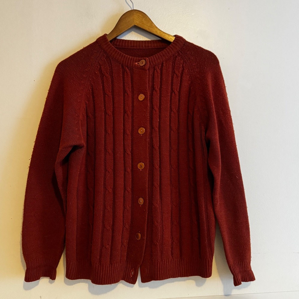 Women's Med Cable Knit Cardigan Sweater Button Front Crew Neck Rust